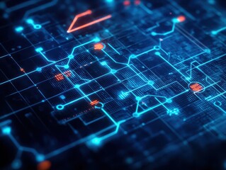 Obraz premium Vibrant Circuit Board with Illuminating Blue and Orange Lights Creating a Dynamic and Futuristic Atmosphere Showcasing Technology and Innovation