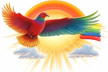 Obraz premium Illustration - Rainbow Dove Soaring Through Sunrise Sky
