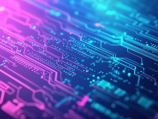 Obraz premium Futuristic Computer Circuitry Set Against a Vibrant Blue and Pink Background Creating a Dynamic and High-Tech Visual Experience for Innovation