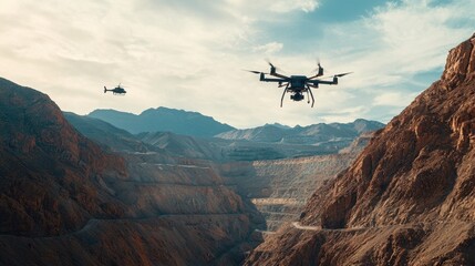 Fototapeta na wymiar Advanced Drone Flying Over Quarry with Helicopter in Distance