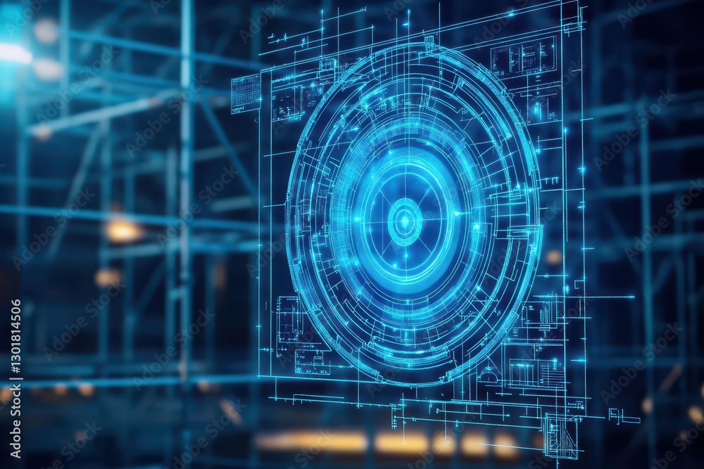Poster intricate blueprint design of a circular object showcasing technical precision and artistic flair in