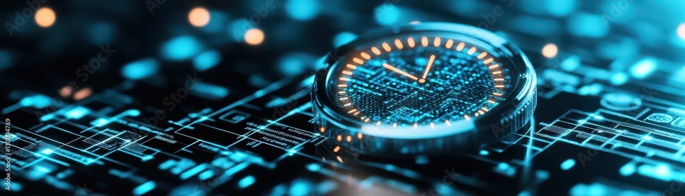 Poster illuminated digital clock display on a complex circuit board capturing the essence of modern technol