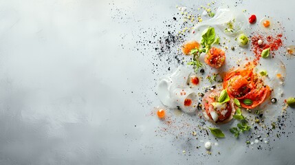Artistic Food Composition with Tomatoes Shrimp and Spices on Grey Background