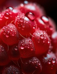 Ultra-macro photograph of a raspberry covered in tiny dewdrops, showcasing the fine texture of the fruit and the delicate reflections on the droplets.
