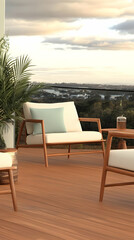 Obraz premium 3D Illustration- Balcony Relaxation, Sunset View, Wooden Deck, Outdoor Furniture, Cozy Ambiance