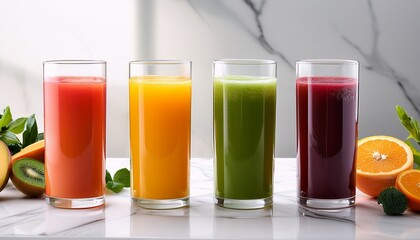 different kinds of colorful juices in a tall glass served on a white marble countertop