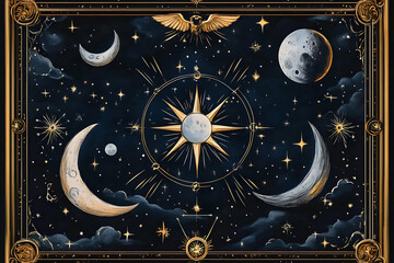 Illustration Celestial Art, Sun, Moon, Stars, and Gold Accents