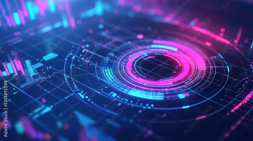 Poster futuristic abstract background featuring circular shapes radiating light and colorful patterns creat