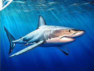 Obraz premium Illustration of Great White Shark in Deep Blue Ocean