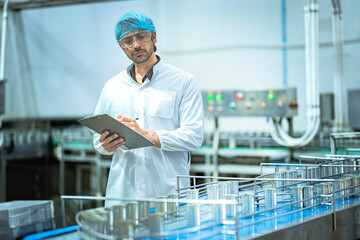 Inspector checking automated machinery in food production facility Focus on quality control safety and workflow efficiency. Worker overseeing food packaging machinery in a modern manufacturing plant.