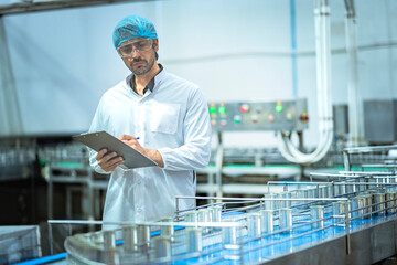 Inspector checking automated machinery in food production facility Focus on quality control safety and workflow efficiency. Worker overseeing food packaging machinery in a modern manufacturing plant.