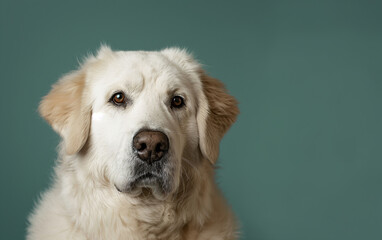 Fototapeta premium Kuvasz dog on minimalistic colorful background with Copy Space. Perfect for banners, veterinary ads, pet food promotions, and minimalist designs.