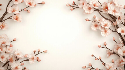 Delicate cherry blossom branches frame soft, neutral background, creating serene and elegant atmosphere perfect for spring themes