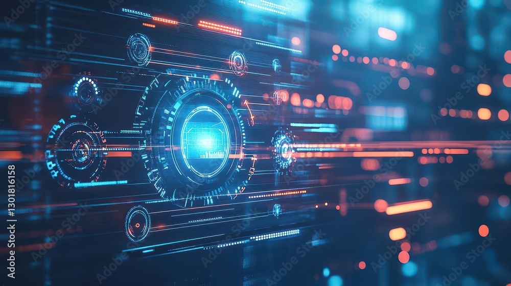 Poster futuristic digital interface displaying advanced technology concepts with neon colors and high-tech 