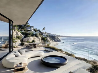 Obraz premium Photo Coastal Home Ocean View Patio Luxury Relaxation Modern Architecture Design Furniture Landscape Sea Cliffside