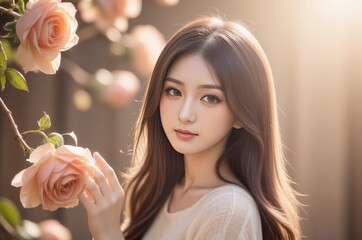Naklejka premium Elegant Asian Woman with Roses in Garden: Beauty, Bloom, Portrait, Feminine, Spring, Flower, Model, Light