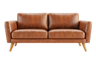 Modern Brown Leather Sofa with Wooden Legs on Transparent Background for Interior Design and Furniture Decor