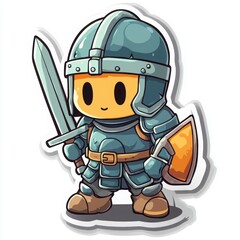 Obraz premium Adorable cartoon knight, ready for battle! This charming illustration features a cute chibi-style warrior in teal armor, wielding a sword and shield.