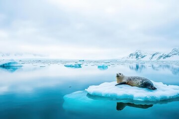 A solitary seal resting gracefully on a floating iceberg in the vast ocean under a clear sky evoking tranquility and the beauty of nature
