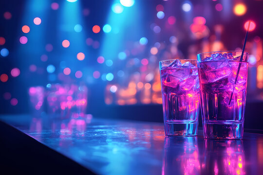 Cocktail on the bar counter on a bright neon background. Festive background for postcards, banners, flyers, menus