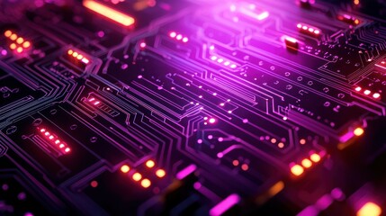 Obraz premium Circuit board with glowing purple and red lights showing data flow in detail