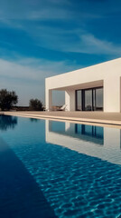 Fototapeta premium Photo Modern White Villa, Azure Pool Reflection, Tranquil Sky - Architectural Photography