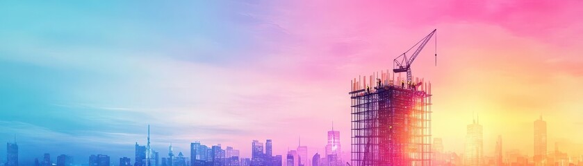 Fototapeta premium Vibrant Urban Landscape Featuring a Construction Crane Towering Over Modern City Architecture Under Clear Blue Sky Evoking Progress and Development