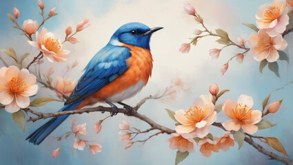 Obraz premium Bluebird on Blossoming Branch - Elegant Nature Art. Generative AI 