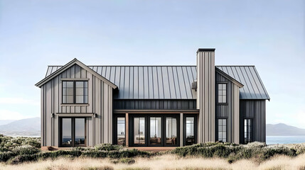 Fototapeta premium Illustration Modern Farmhouse Architecture Exterior Design