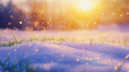 Green grass blades poking through melting snow, illuminated by warm golden sunlight, symbolizing the arrival of spring