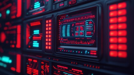 Obraz premium Neon Futuristic Control Panel with Bright Red and Blue Lights