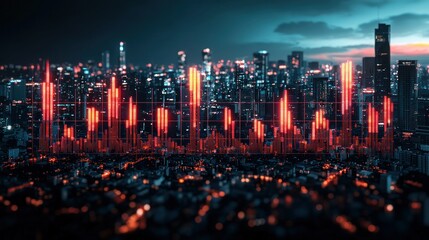 Data chart overlays cityscape. Urban growth with illuminated lines, dusk sky