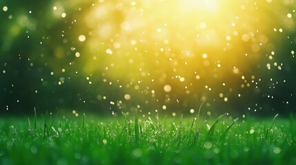 Lush green grass glowing in soft sunlight with tiny floating particles, creating a warm and dreamy effect