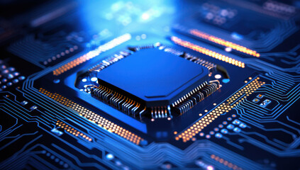 Fototapeta premium High tech microprocessor on circuit board with glowing connections, showcasing advanced technology and innovation