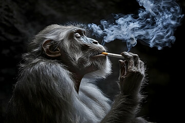Obraz premium Illustration of a Monkey Smoking, Animal, Smoke, Cigarette, Fur, Portrait, Dark, Addiction, Wildlife, Unhealthy