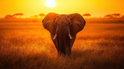 Fototapeta premium Elephant walking forward on grassy savanna at sunset; horizon shows sparse trees