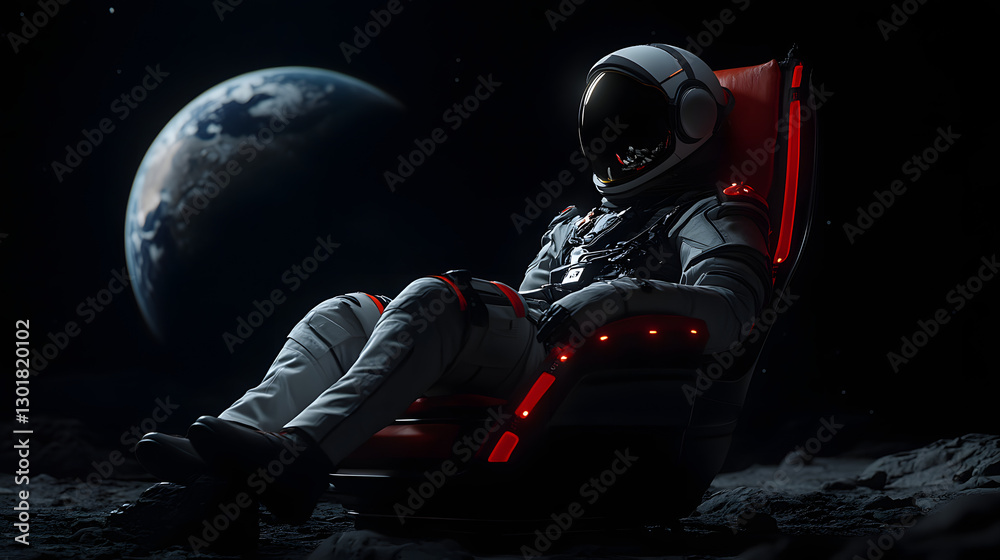 Wall mural a highly detailed and cinematic image of an astronaut reclining in a high-tech chair on the moon's s