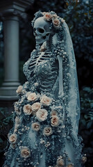 Illustration - Skeleton Bride in Floral Wedding Dress