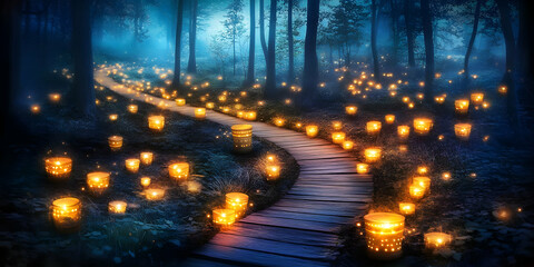 Illustration - Enchanted Forest Path with Lanterns at Night