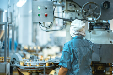 Inspector checking automated machinery in food production facility Focus on quality control safety and workflow efficiency. Worker overseeing food packaging machinery in a modern manufacturing plant.