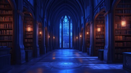 Fototapeta premium A grand, cathedral-like library with towering bookshelves, a stained-glass window, and a mysterious blue glow