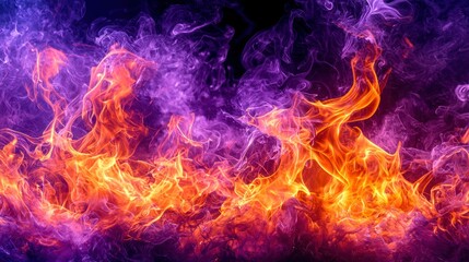 Fototapeta premium Fire flames burn fiercely with purple smoke on a black background