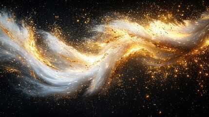 Flowing golden ethereal dust particles amidst dark celestial background