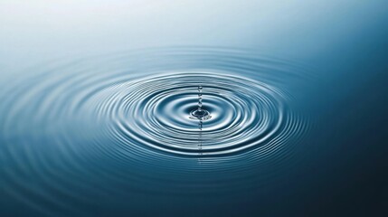 A single water droplet falling onto a calm water surface, creating a perfect ripple effect, symbolizing purity, tranquility, and the beauty of nature’s fluid dynamics