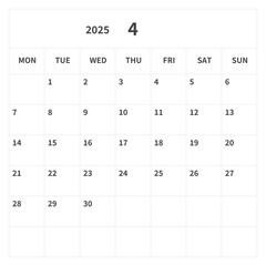 Simple square calendar for April 2025, vector, template