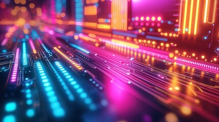 Glowing circuitry flows through city, blurring in a neon, futuristic background