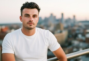 Fototapeta premium Young Man Posing Against Urban Background with City Skyline View