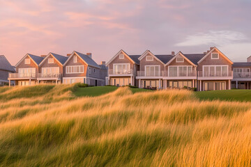 Obraz premium Photo - Coastal Homes at Sunset with Dune Grass