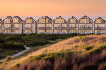 Obraz premium Photo Coastal Living Beach Houses Oceanfront Sunset Dunes Grass