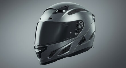 Fototapeta premium A high-tech aerodynamic motorcycle helmet with a reflective visor, set against a pastel gray background, highlighting safety, innovation, and modern style